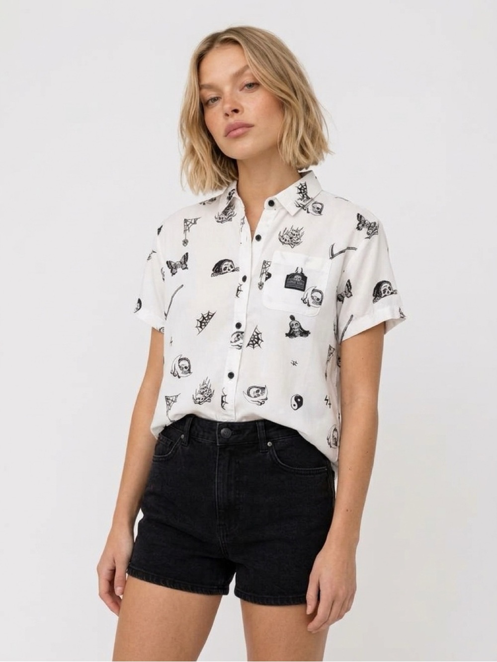 White Short-Sleeve Button-Down Shirt with Black Graphic Print